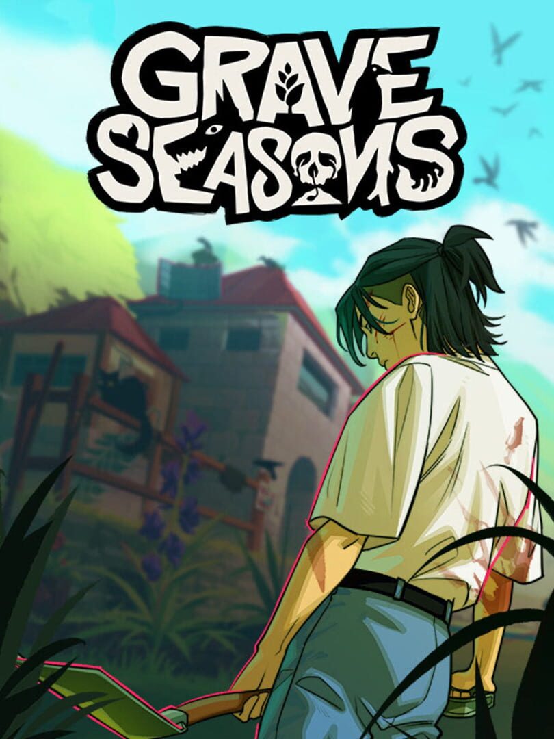 Artwork officiel de Grave Seasons montrant le protagoniste devant une ferme avec logo du jeu