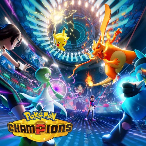Artwork officiel de Pokémon Champions avec Pikachu, Dracaufeu, Lucario et Gardevoir dans une arène