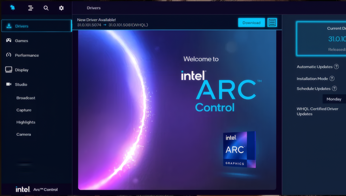 Panneau de contrôle Intel Arc, pilotes 101.8724