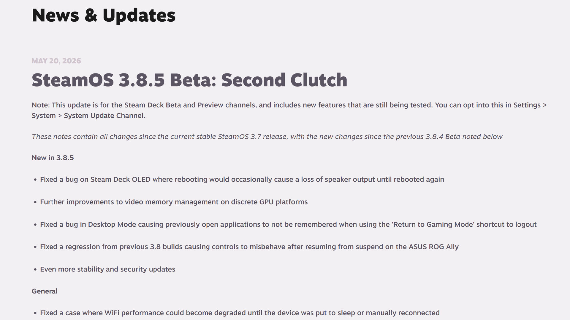 Steam Deck avec SteamOS 3.8.5 bêta