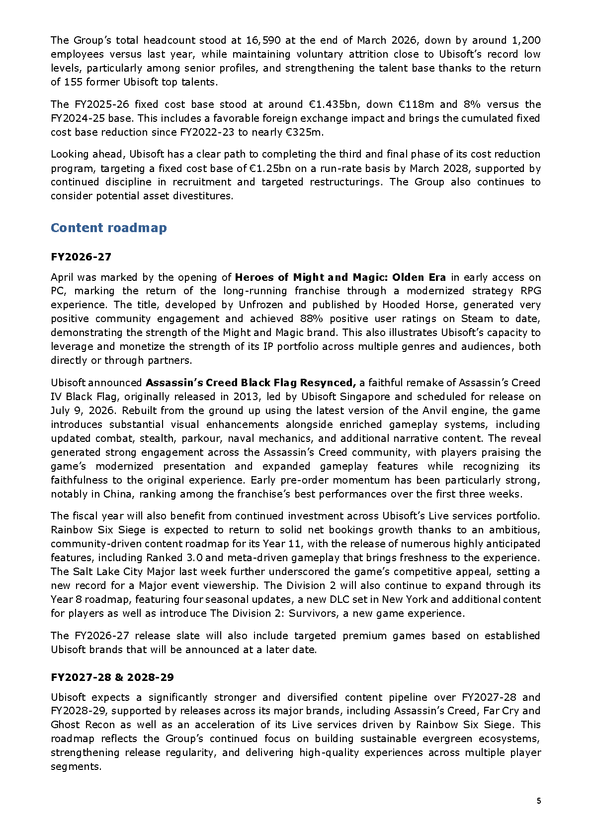 Extrait du communiqué investisseurs FY2025-26 d’Ubisoft sur les effectifs et les économies.