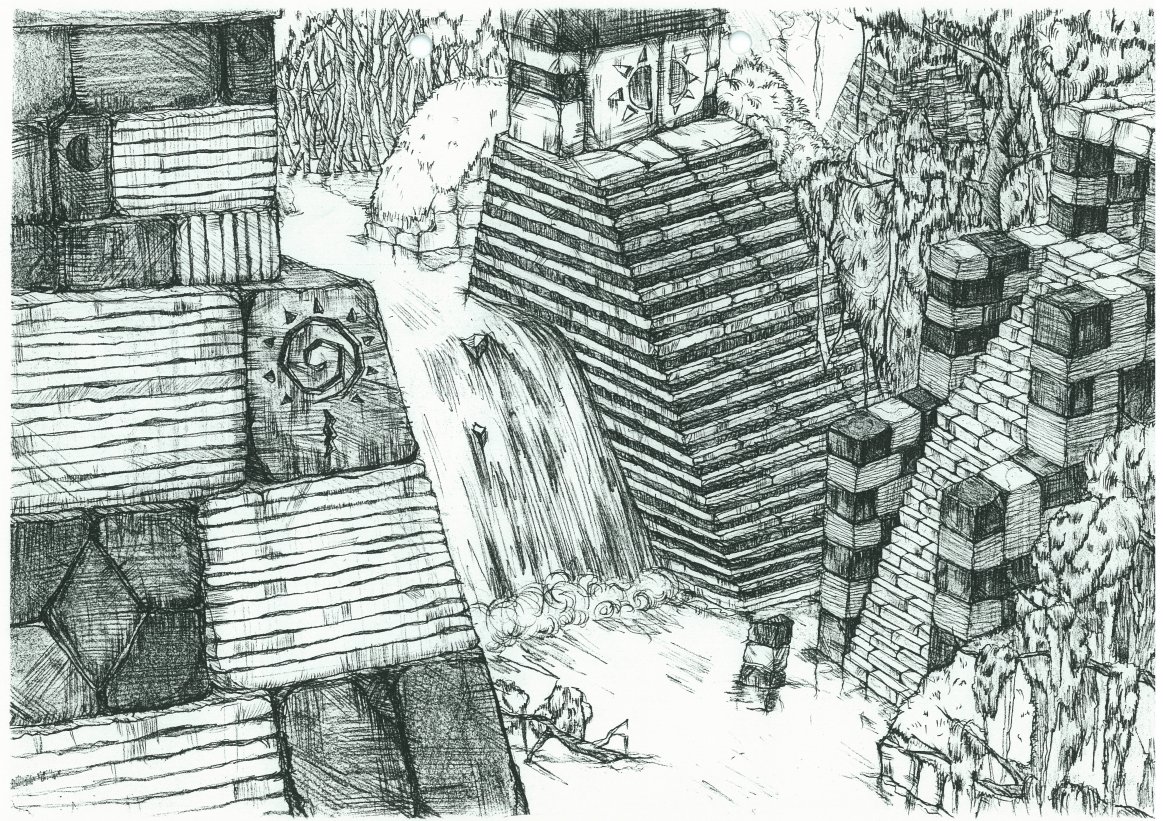 Concept art officiel de Sonic Adventure montrant une zone avec cascade et temple