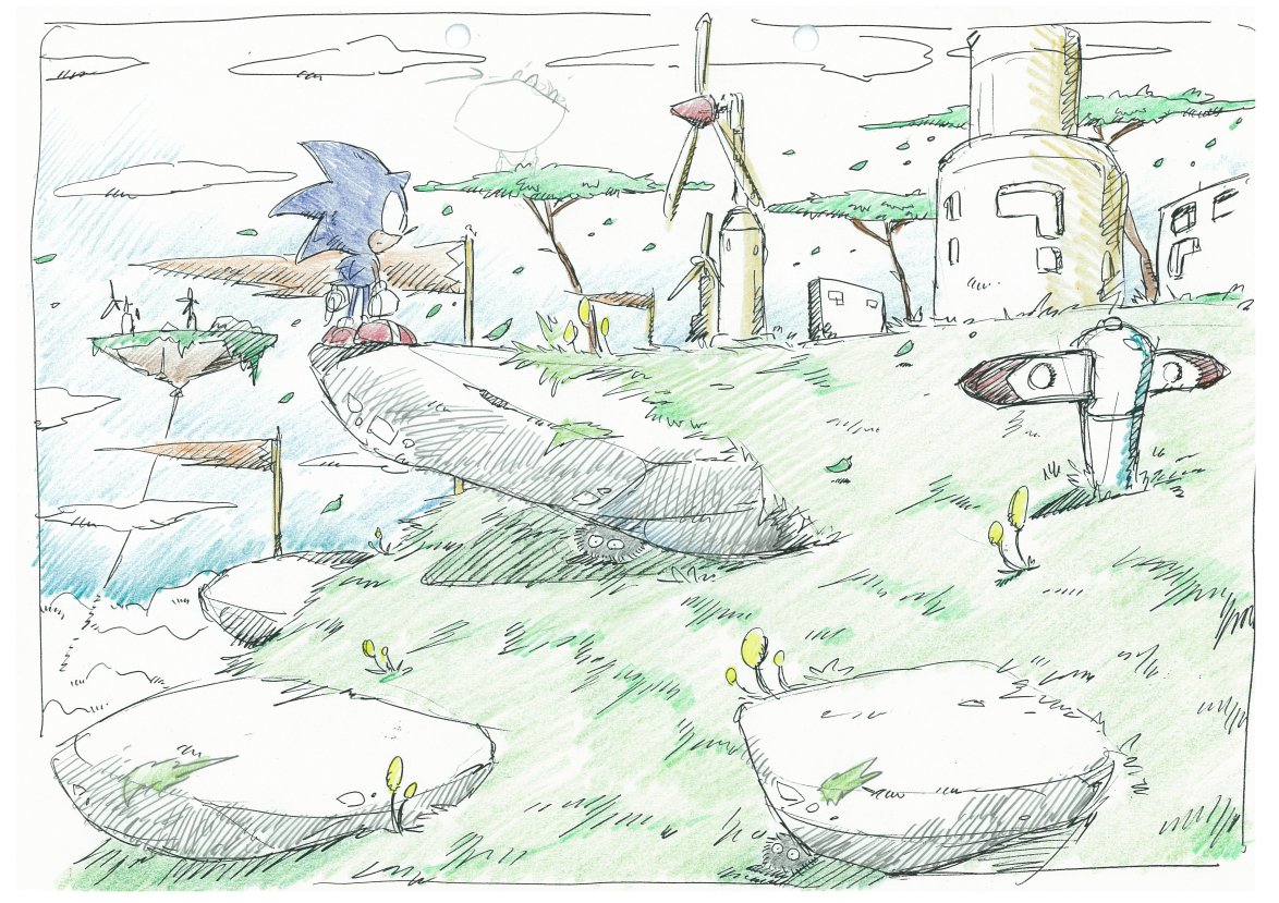 Concept art officiel de Sonic Adventure montrant Sonic face à une vallée balayée par le vent