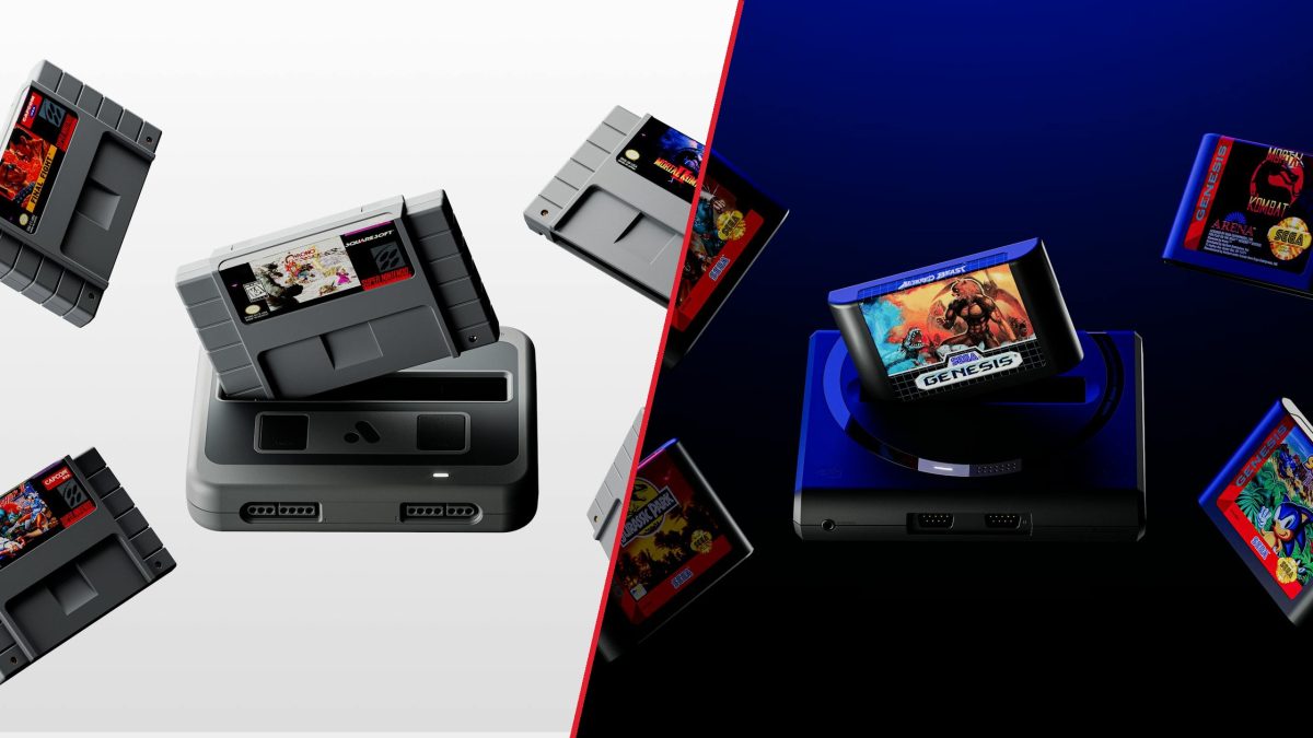 Montage des consoles Super Nt+ et Mega Sg+ d'Analogue, avec des cartouches de Super Nintendo et de Mega Drive