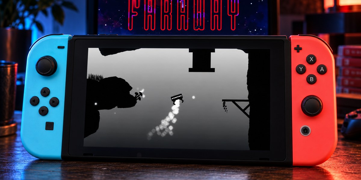 Une console bleue et rouge affiche une scène de jeu en noir et blanc, devant le logo Faraway.