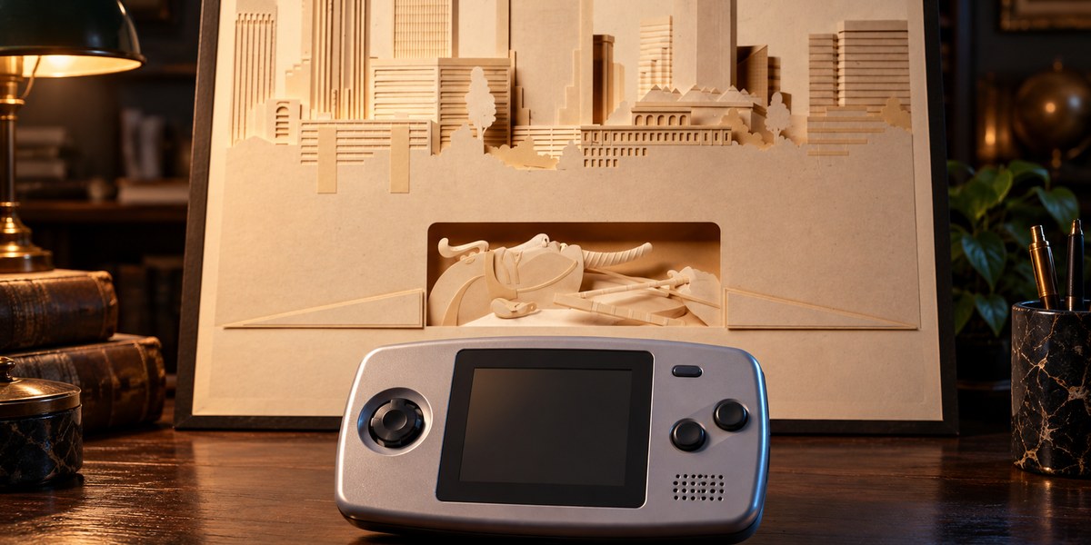 Une console portable grise devant une illustration beige de ville et de sculpture antique.