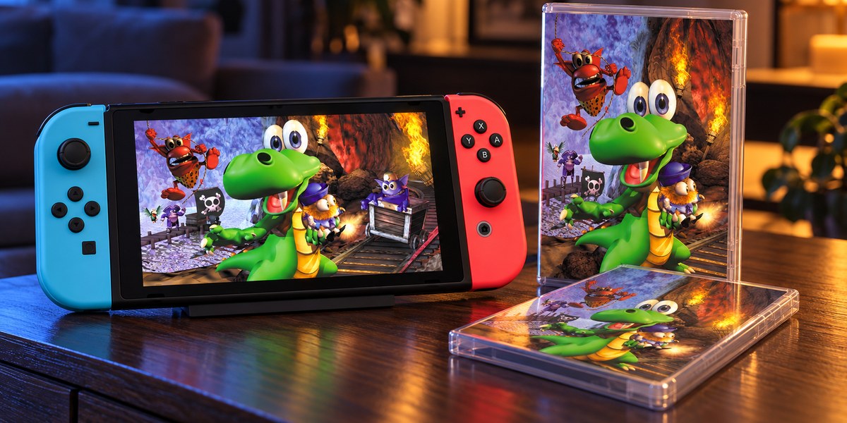 Une Switch et deux boîtiers de jeu présentent une illustration de Croc et de ses compagnons.