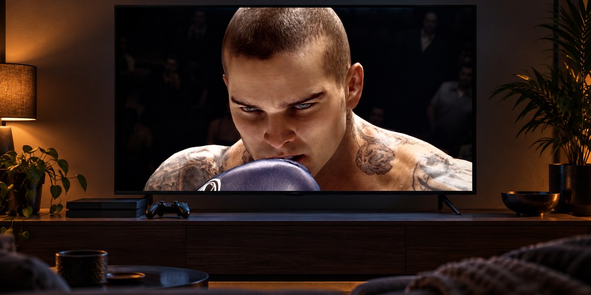 Un boxeur tatoué apparaît sur un téléviseur, au-dessus d’une console et d’une manette dans un salon.