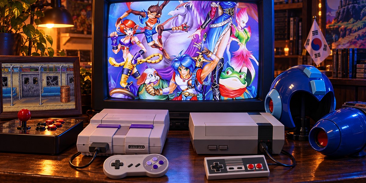 Consoles NES et Super Nintendo devant une illustration de Breath of Fire, avec un drapeau sud-coréen.
