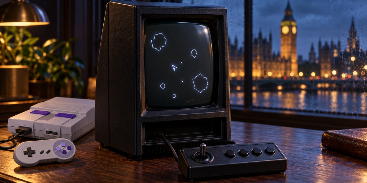 Une Vectrex Mini et une Super Nintendo avec sa manette sur une table, devant une vue de Londres.