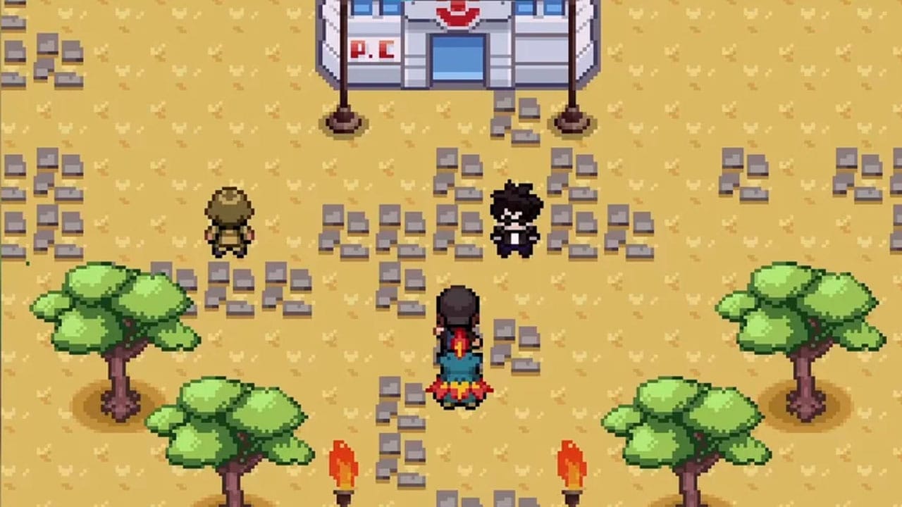 Démo de Pokémon Reforged Bronze devant un bâtiment de soin