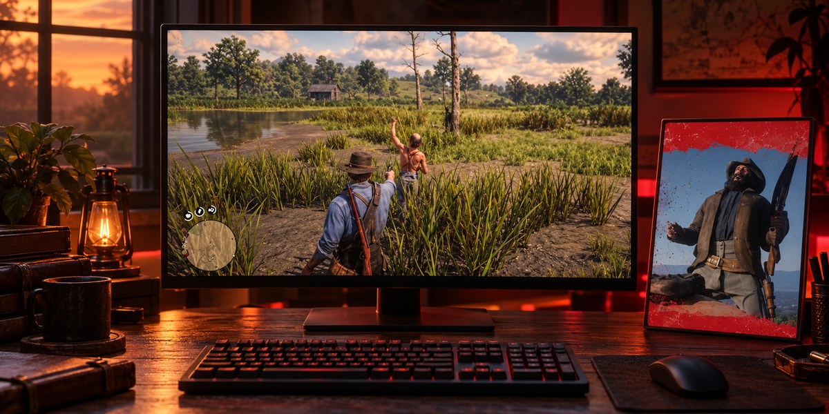Un écran montre une rencontre dans Red Dead Redemption 2, à côté d'une illustration de cow-boy.