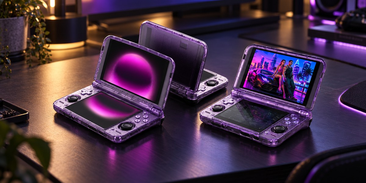 Trois consoles portables violettes à double écran ouvertes sur un bureau, dont une affiche un jeu.
