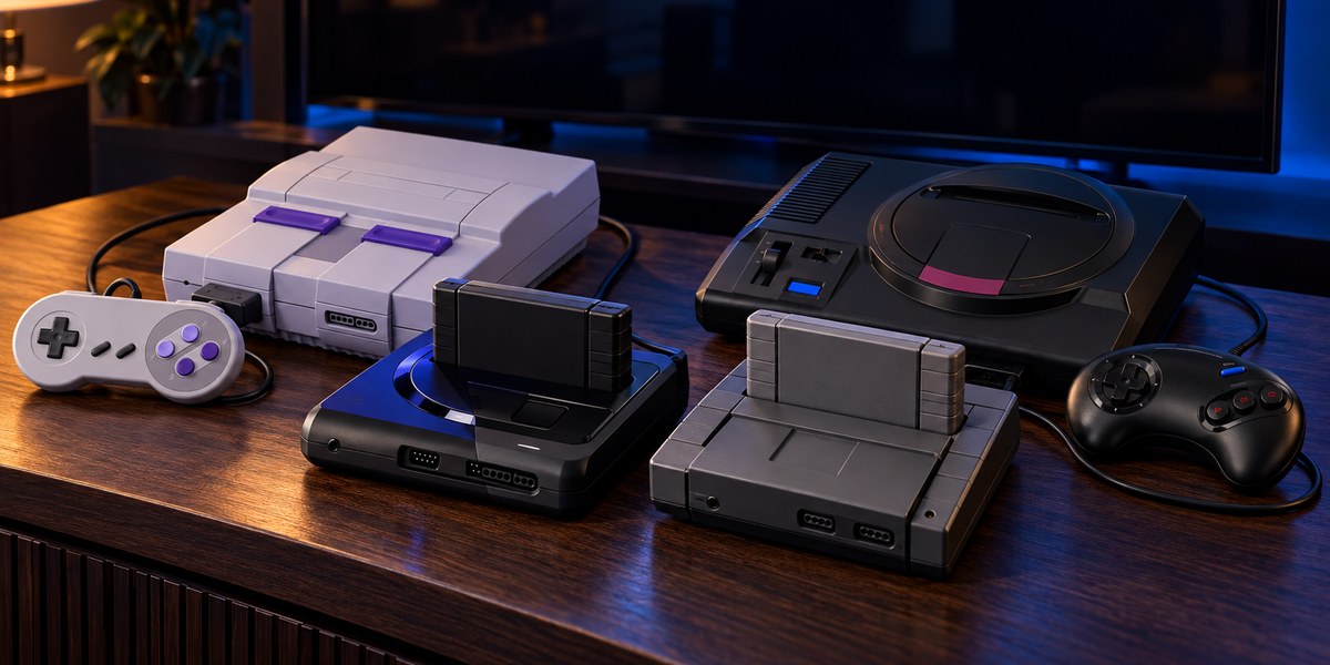 Quatre consoles rétro, des cartouches et deux manettes posées devant un téléviseur.