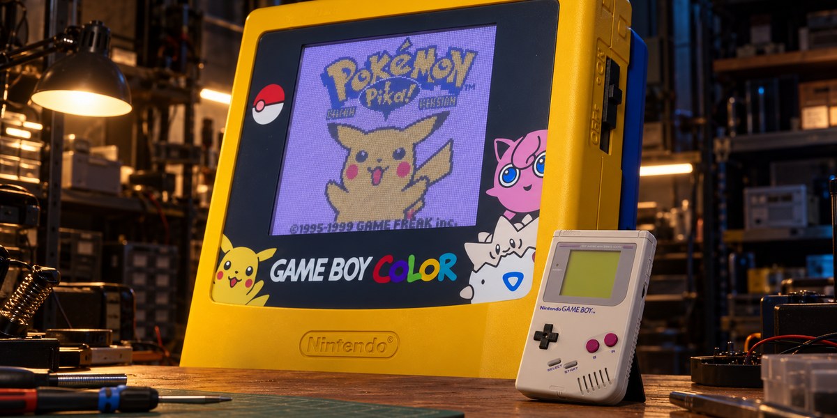 Une console Pokémon jaune géante dans un atelier, avec une Game Boy grise posée devant.