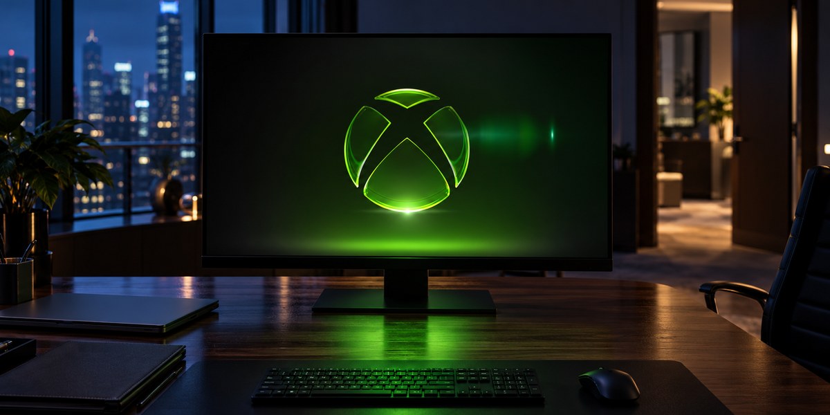 Un symbole Xbox vert apparaît sur un écran posé dans un bureau sombre, avec une ville en arrière-plan.