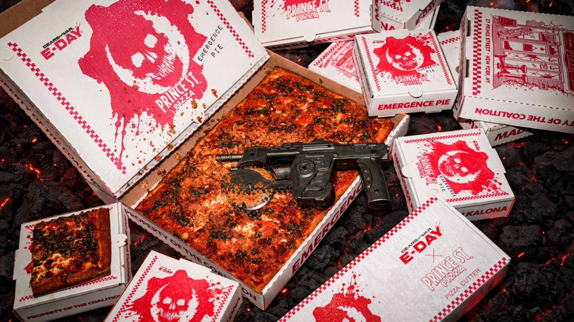 Roulette à pizza Gears of War: E-Day avec boîtes Prince Street Pizza